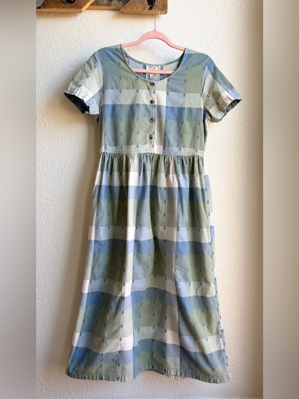 Vintage 90s Green Plaid Midi Dress Small